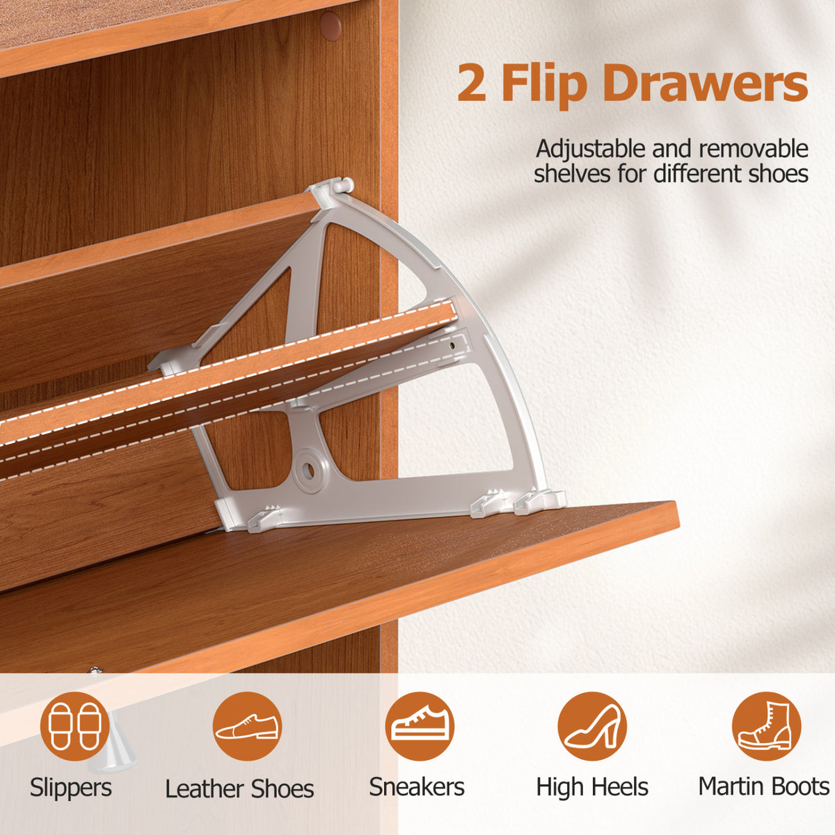 Narrow Shoe Cabinet with Adjustable and Removable Shelves for Entryway Foyer-Oak