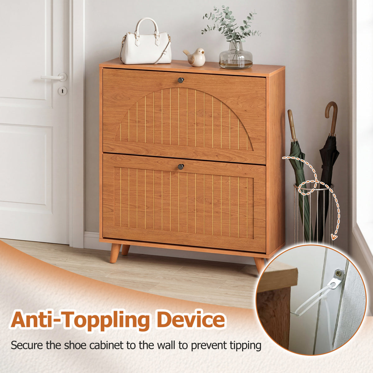 Narrow Shoe Cabinet with Adjustable and Removable Shelves for Entryway Foyer-Oak