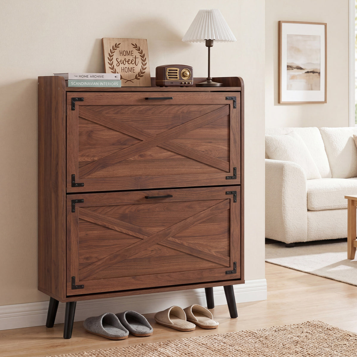 Narrow Shoe Cabinet with Adjustable and Removable Shelves for Entryway-Brown