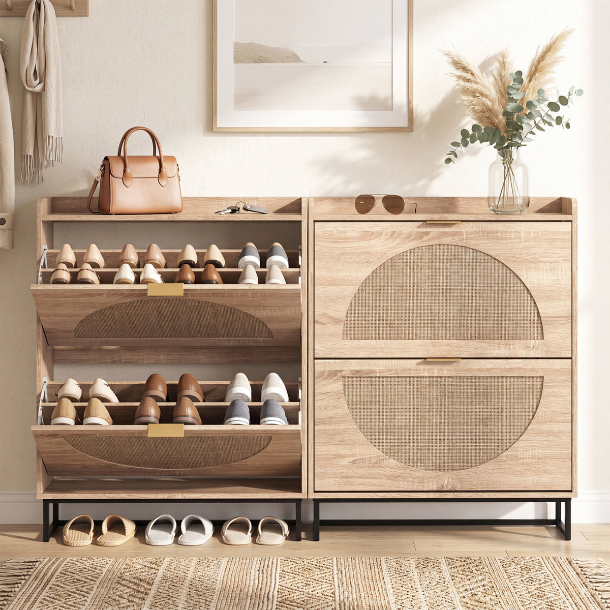 Narrow Shoe Storage Cabinet with 2 Flip Drawers and Adjustable Shelves-Natural