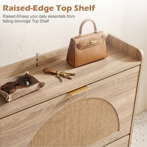 Narrow Shoe Storage Cabinet with 2 Flip Drawers and Adjustable Shelves-Natural