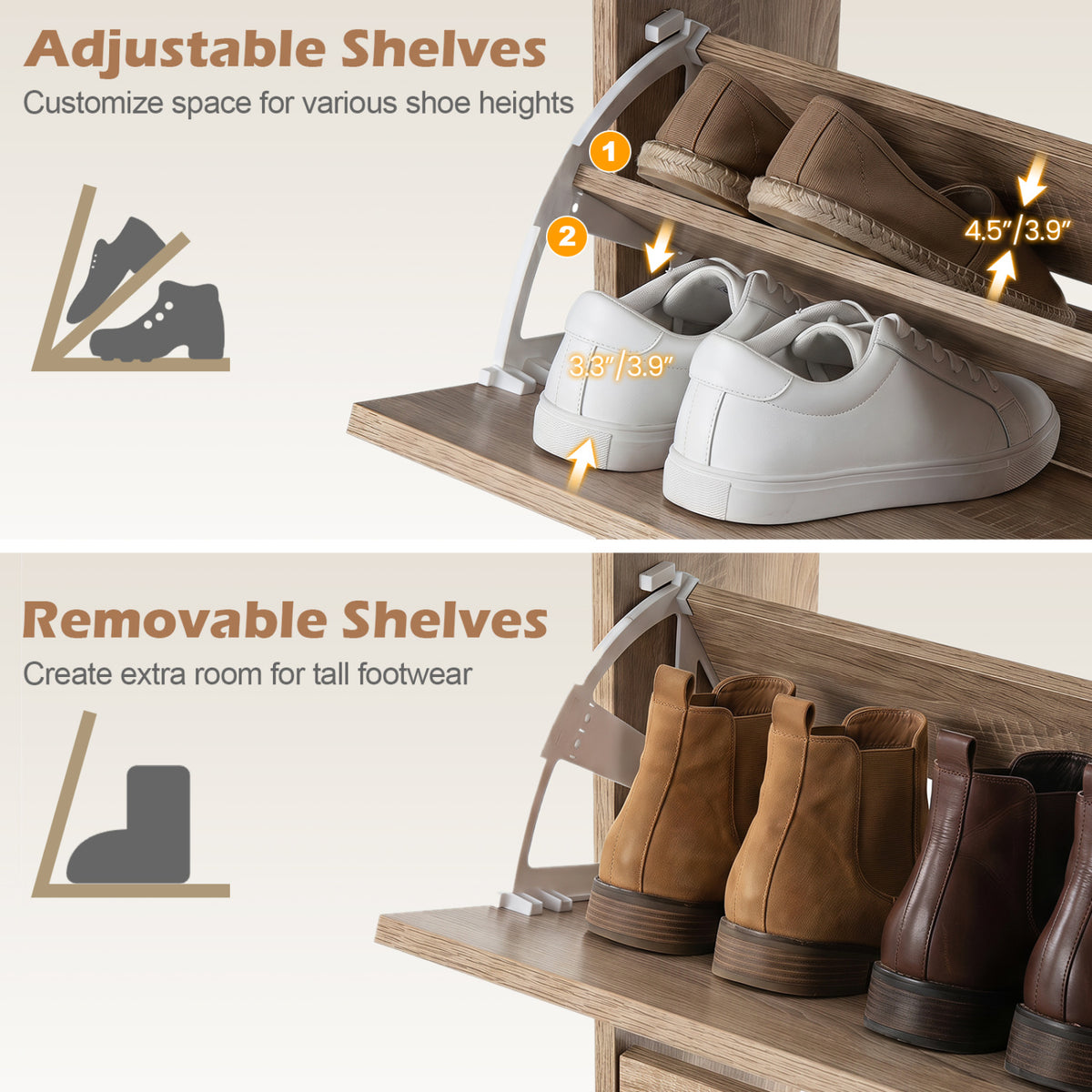 Narrow Shoe Storage Cabinet with 2 Flip Drawers and Adjustable Shelves-Natural