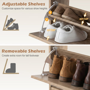 Narrow Shoe Storage Cabinet with 2 Flip Drawers and Adjustable Shelves-Natural