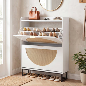 Narrow Shoe Storage Cabinet with 2 Flip Drawers and Adjustable Shelves-White