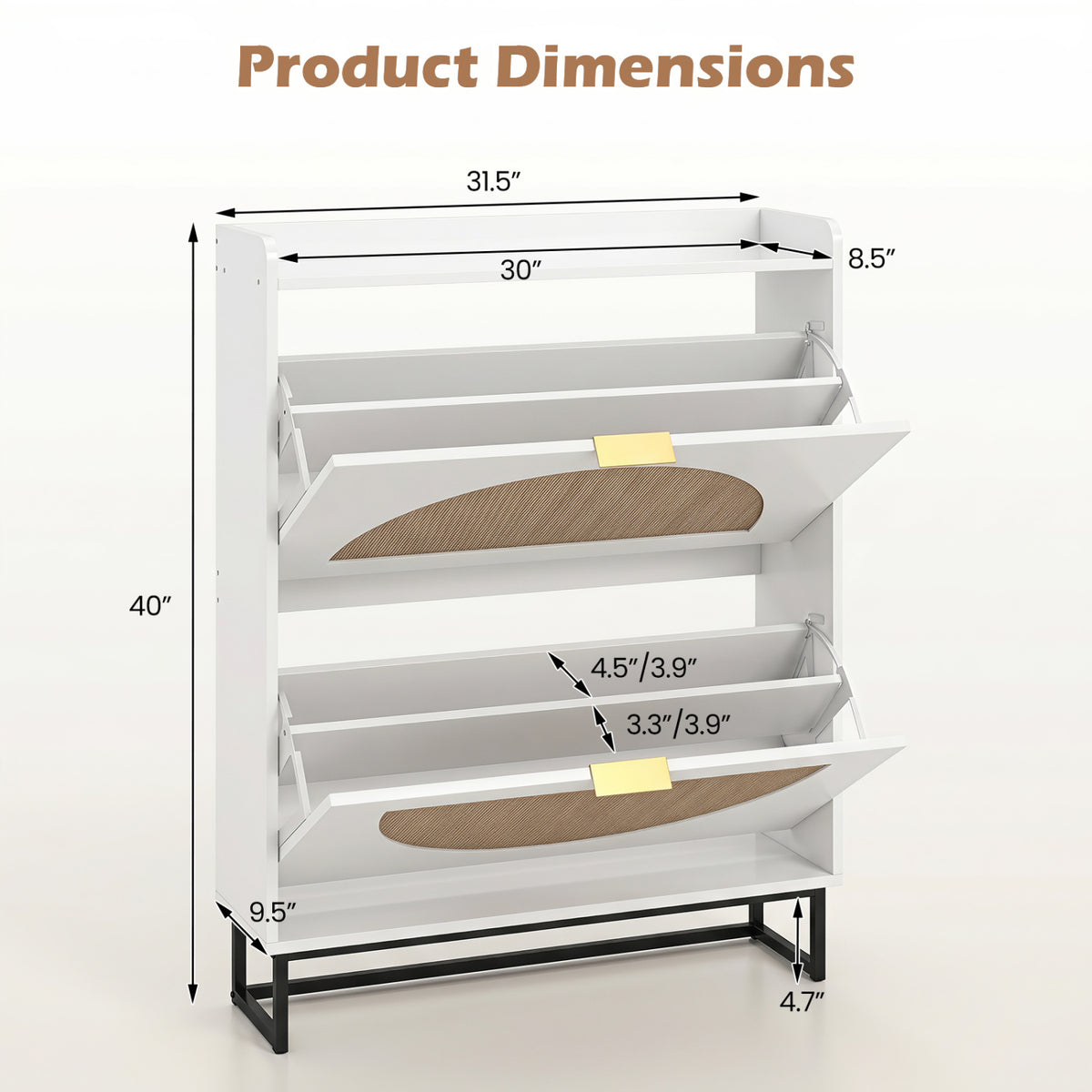 Narrow Shoe Storage Cabinet with 2 Flip Drawers and Adjustable Shelves-White