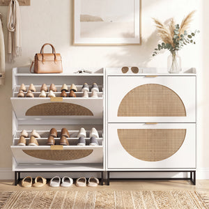 Narrow Shoe Storage Cabinet with 2 Flip Drawers and Adjustable Shelves-White