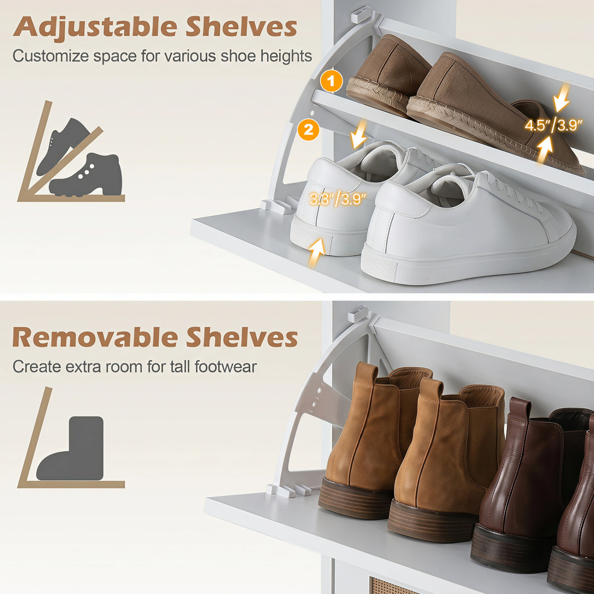 Narrow Shoe Storage Cabinet with 2 Flip Drawers and Adjustable Shelves-White