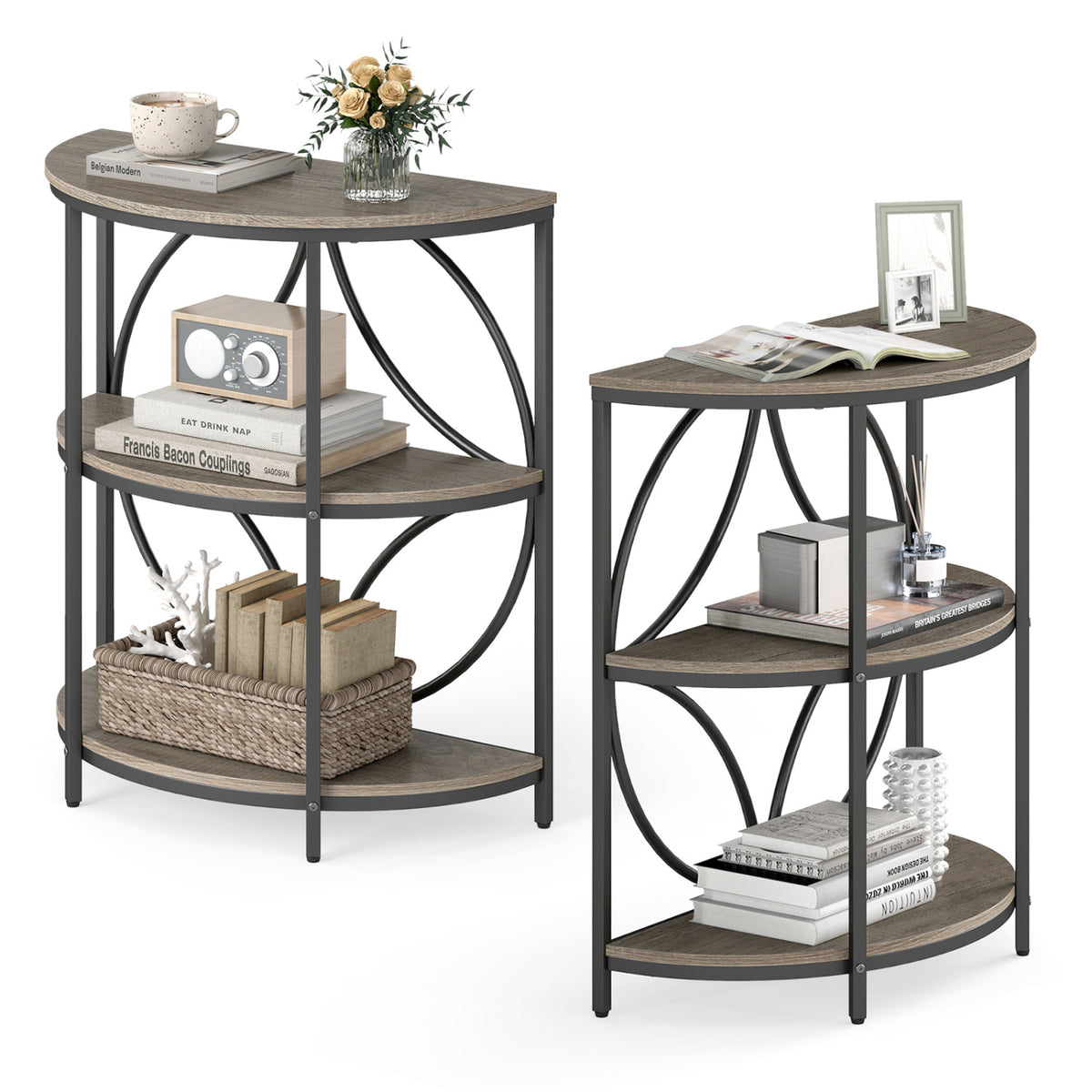 Narrow Side Table with Study Metal Frame and Storage Shelves-Gray