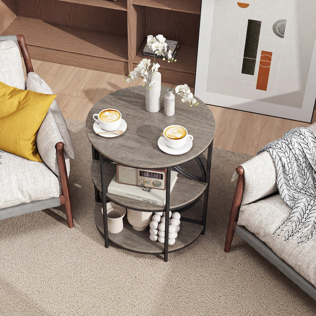 Narrow Side Table with Study Metal Frame and Storage Shelves-Gray