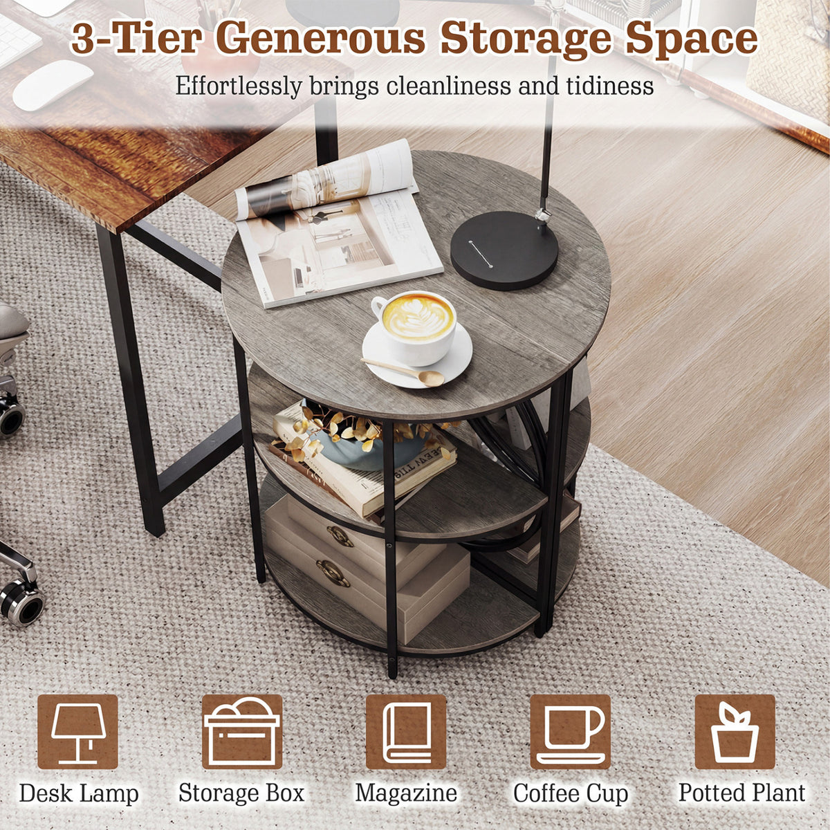 Narrow Side Table with Study Metal Frame and Storage Shelves-Gray