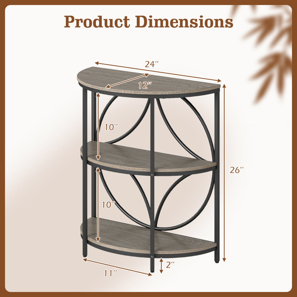 Narrow Side Table with Study Metal Frame and Storage Shelves-Gray