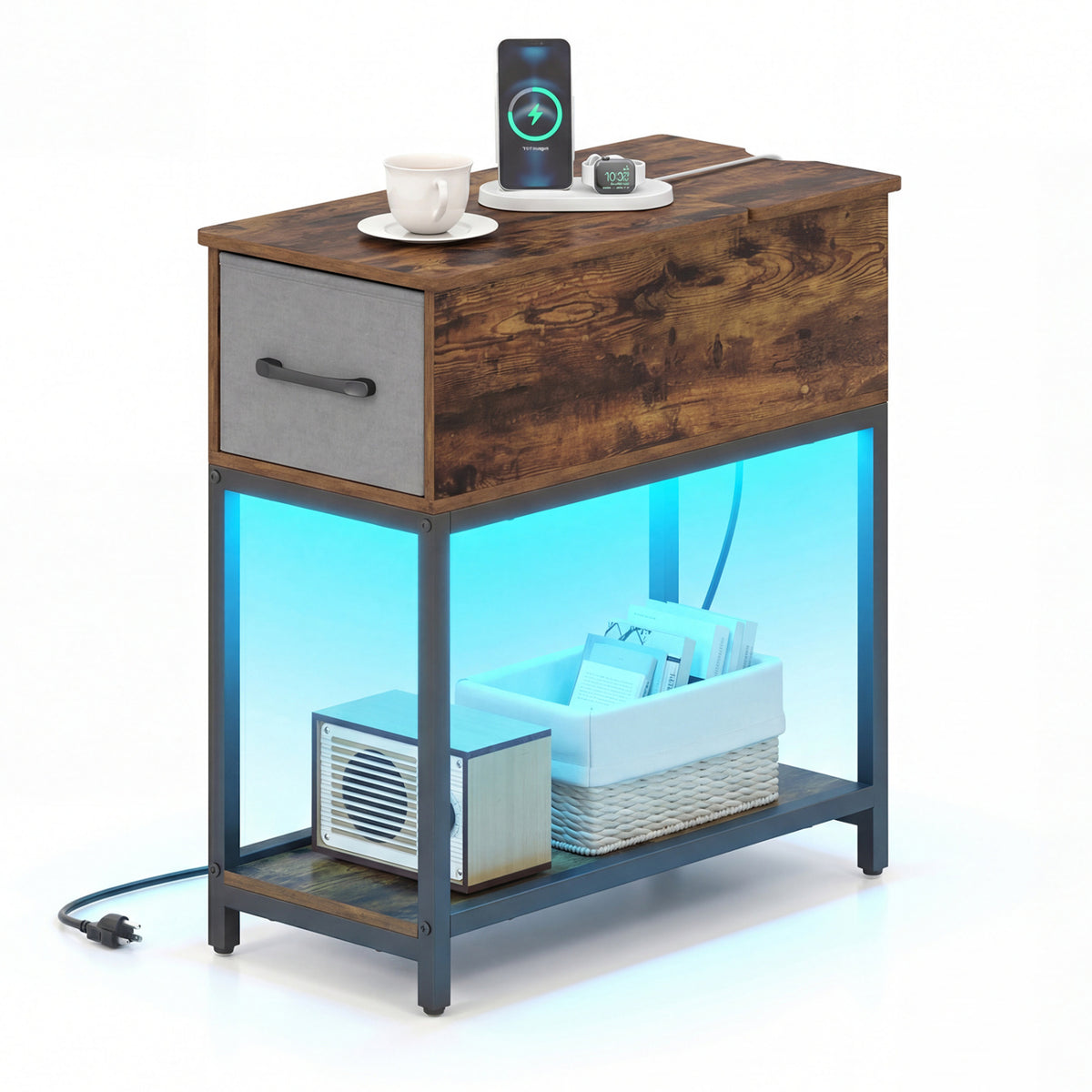 Narrow Side Table with Charging Station and LED Lights Industrial End Table-Brown