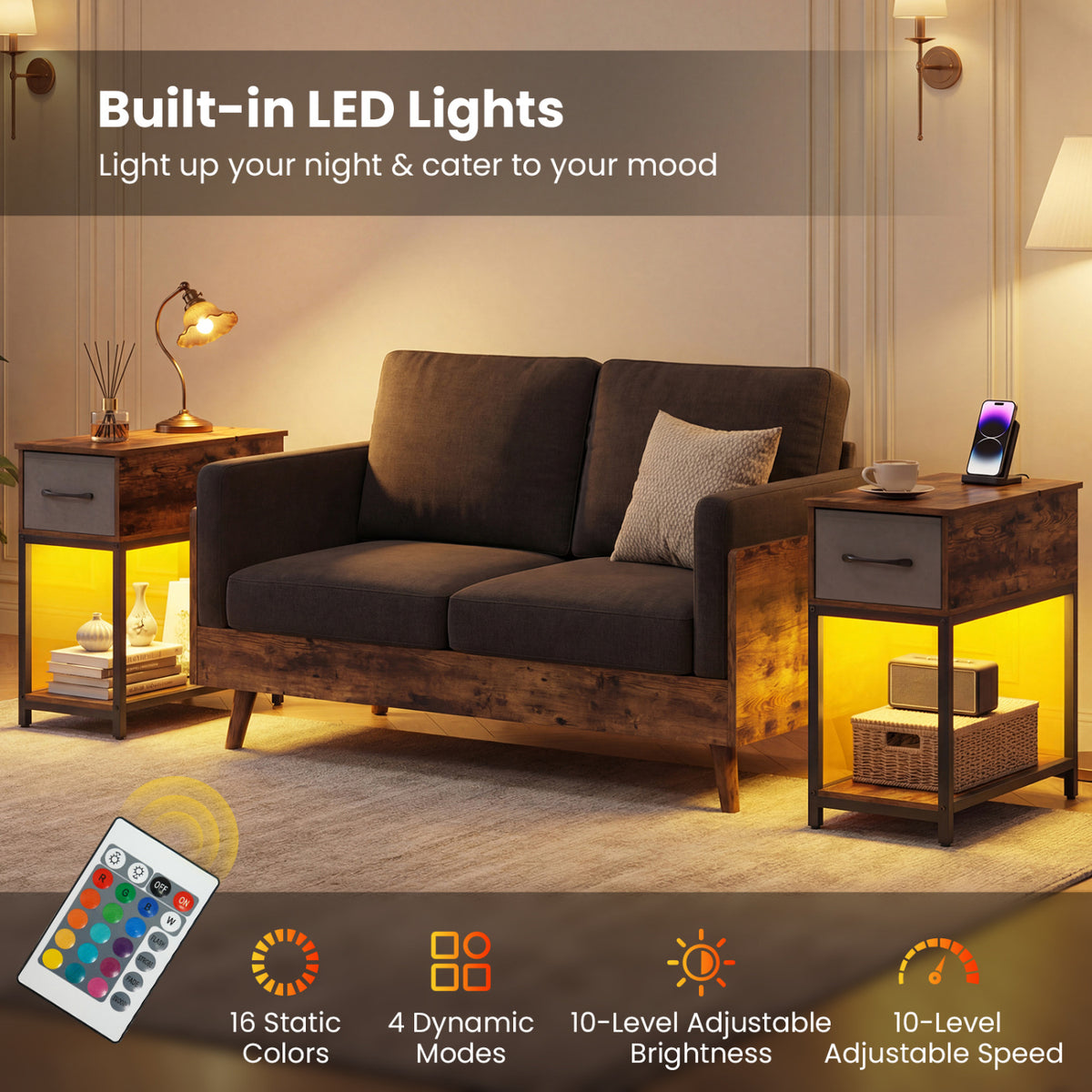 Narrow Side Table with Charging Station and LED Lights Industrial End Table-Brown