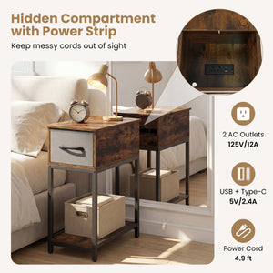 Narrow Side Table with Charging Station and LED Lights Industrial End Table-Brown
