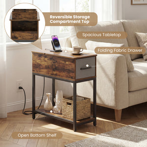 Narrow Side Table with Charging Station and LED Lights Industrial End Table-Brown
