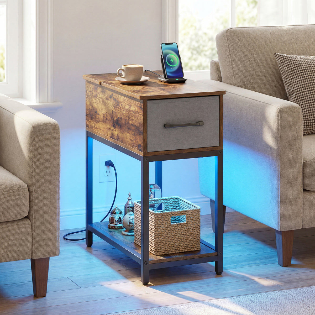 Narrow Side Table with Charging Station and LED Lights Industrial End Table-Brown