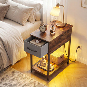 Narrow Side Table with Charging Station and LED Lights Industrial End Table-Brown