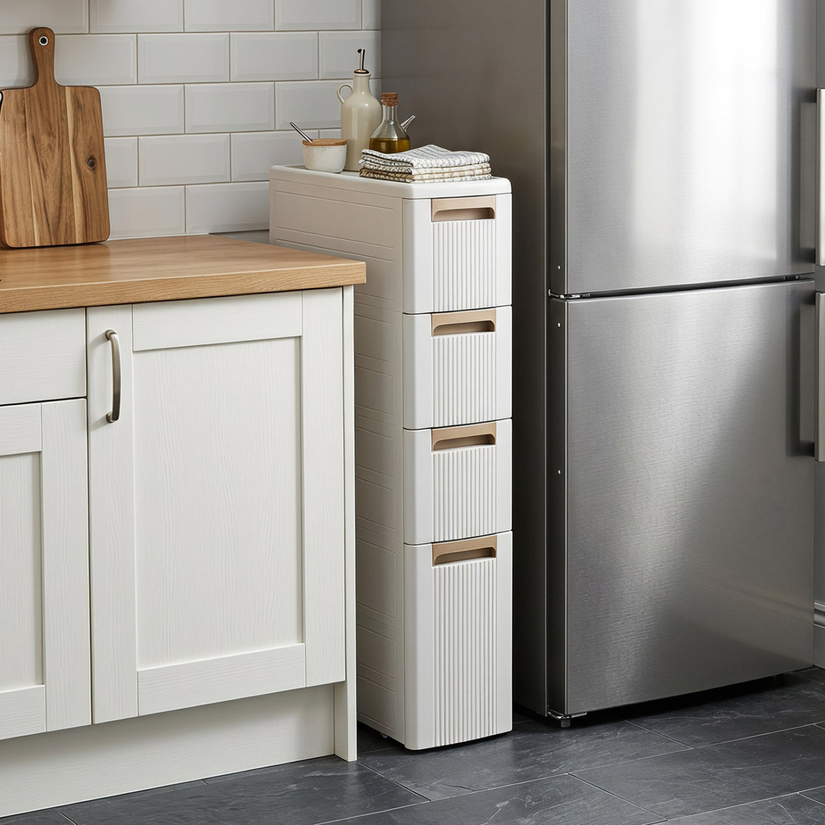 Narrow Storage Cabinet with Drawers and Removable Dividers-M