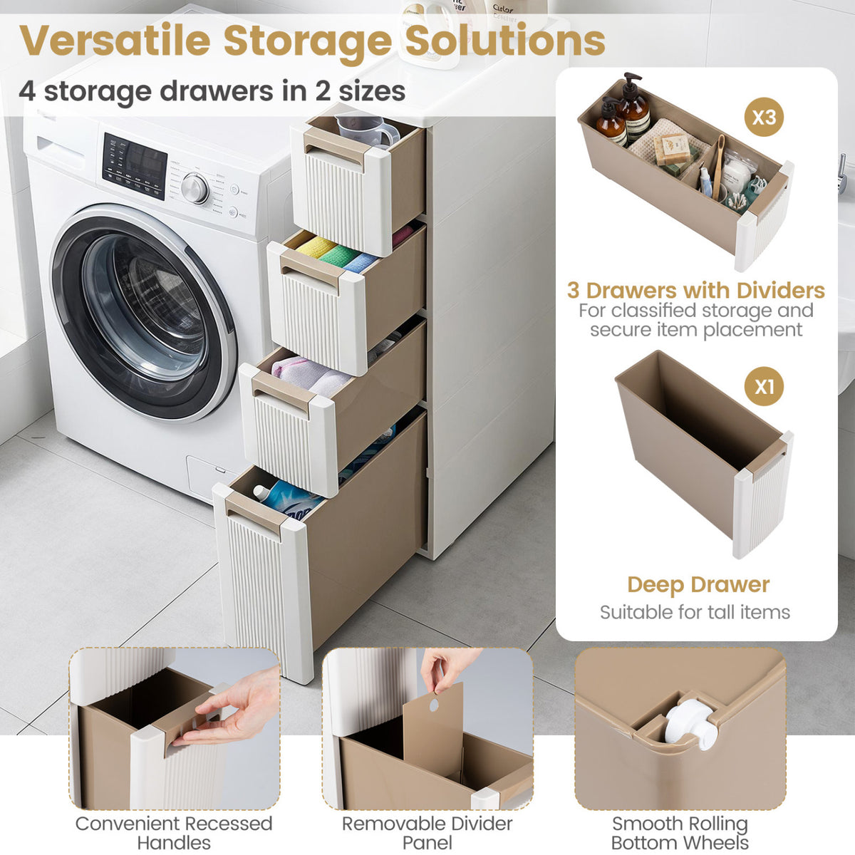Narrow Storage Cabinet with Drawers and Removable Dividers-M