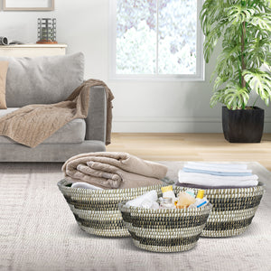 Natural Canes Grass Baskets Stackable Storage Bins Set of 3 with Hollowed Handles