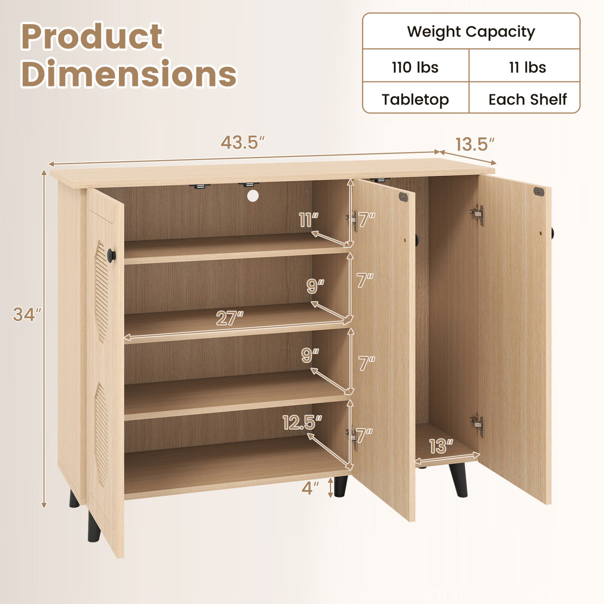 Natural Shoe Cabinet with 3 Doors Freestanding Closed Footwear Storage Unit for Entryway Hallway-Natural