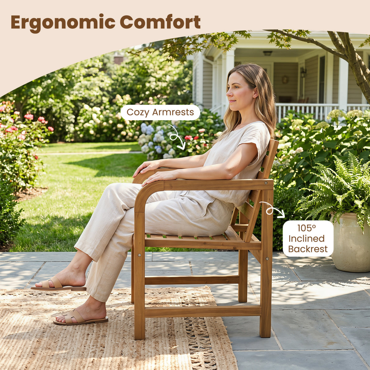 Natural Wood Patio Armchair with Slanted Back and Slatted Seat
