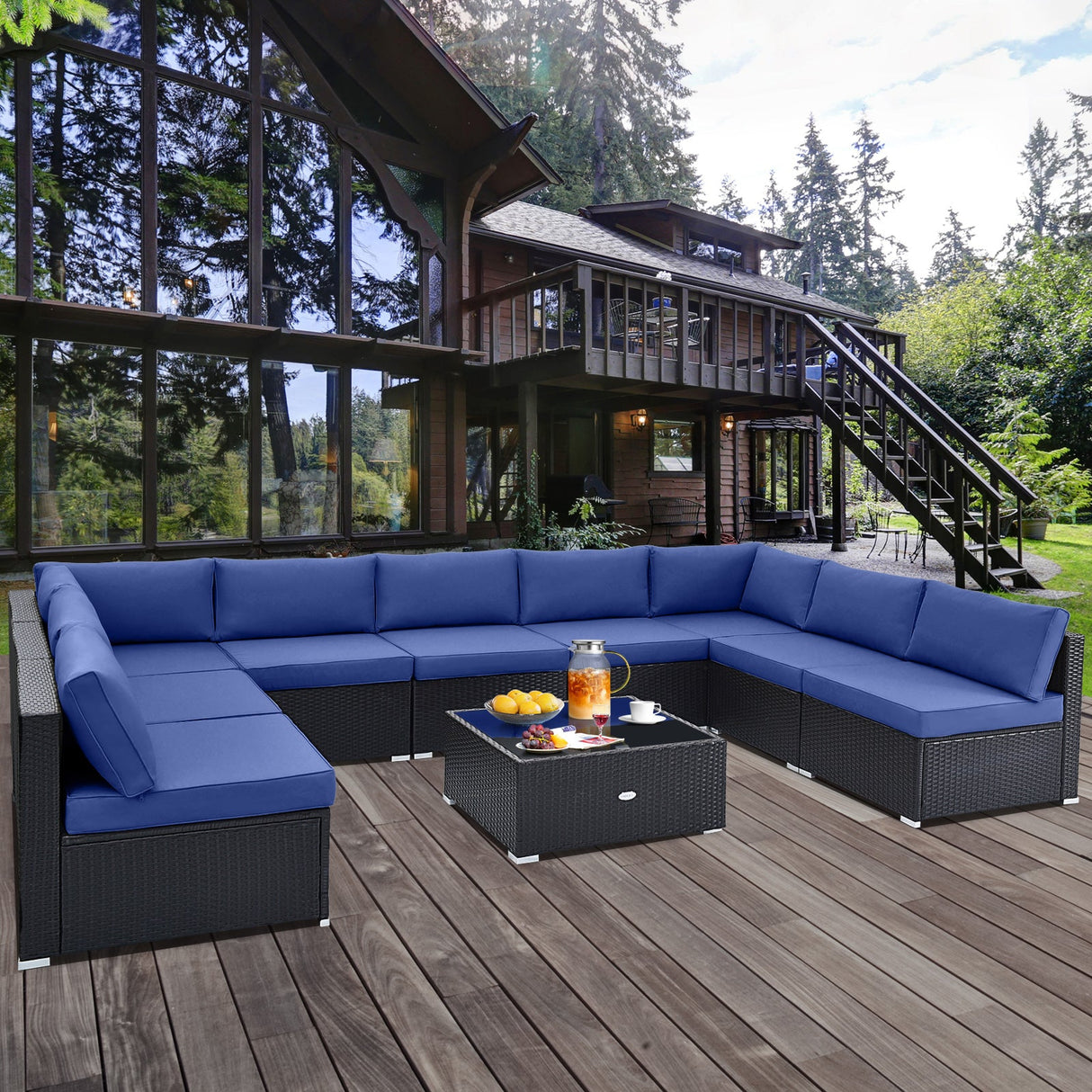 10 Piece Outdoor Wicker Conversation Set with Seat and Back Cushions-Navy by DirectDeals