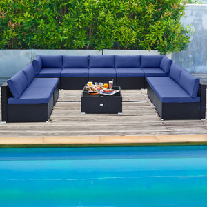 10 Piece Outdoor Wicker Conversation Set with Seat and Back Cushions-Navy by DirectDeals