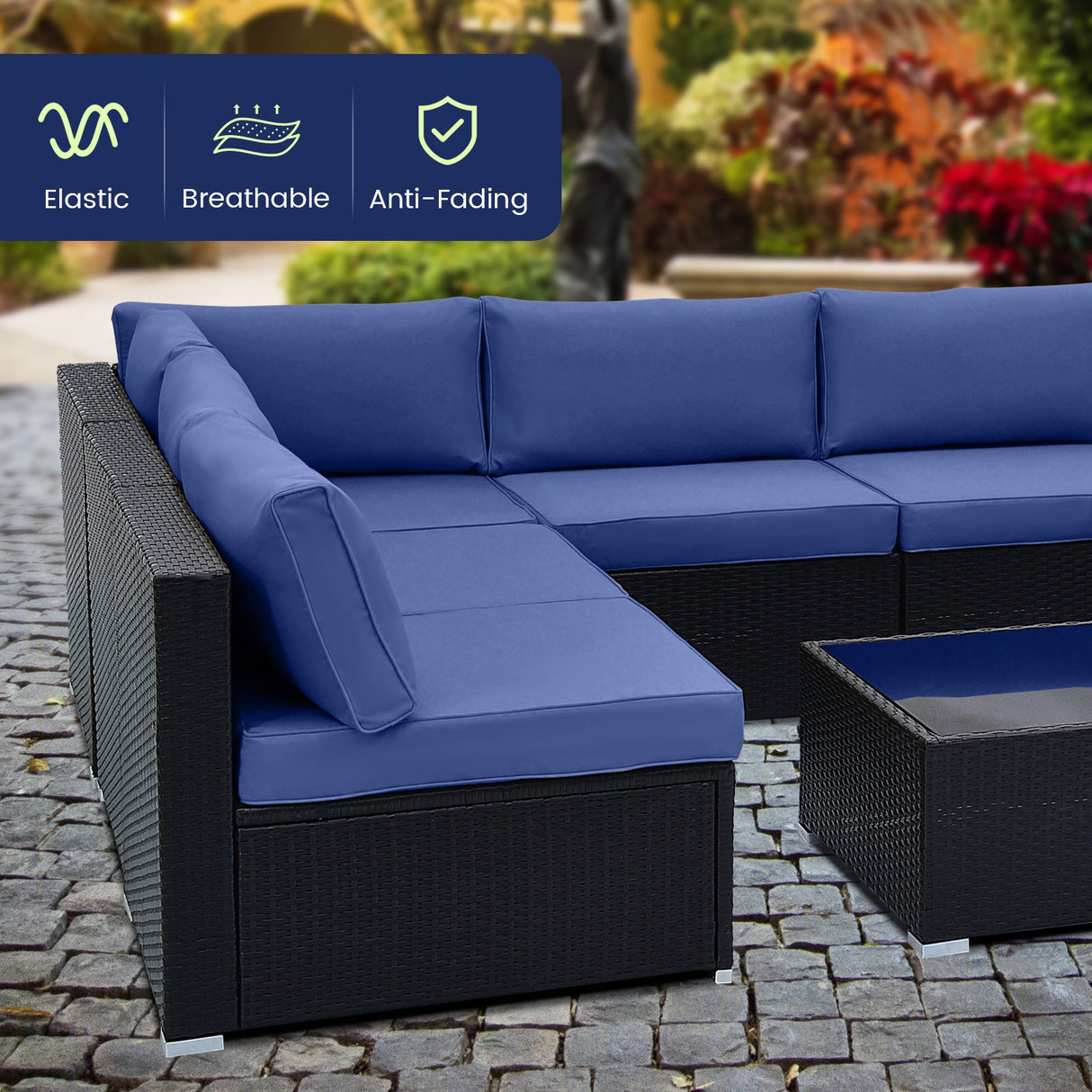 10 Piece Outdoor Wicker Conversation Set with Seat and Back Cushions-Navy by DirectDeals