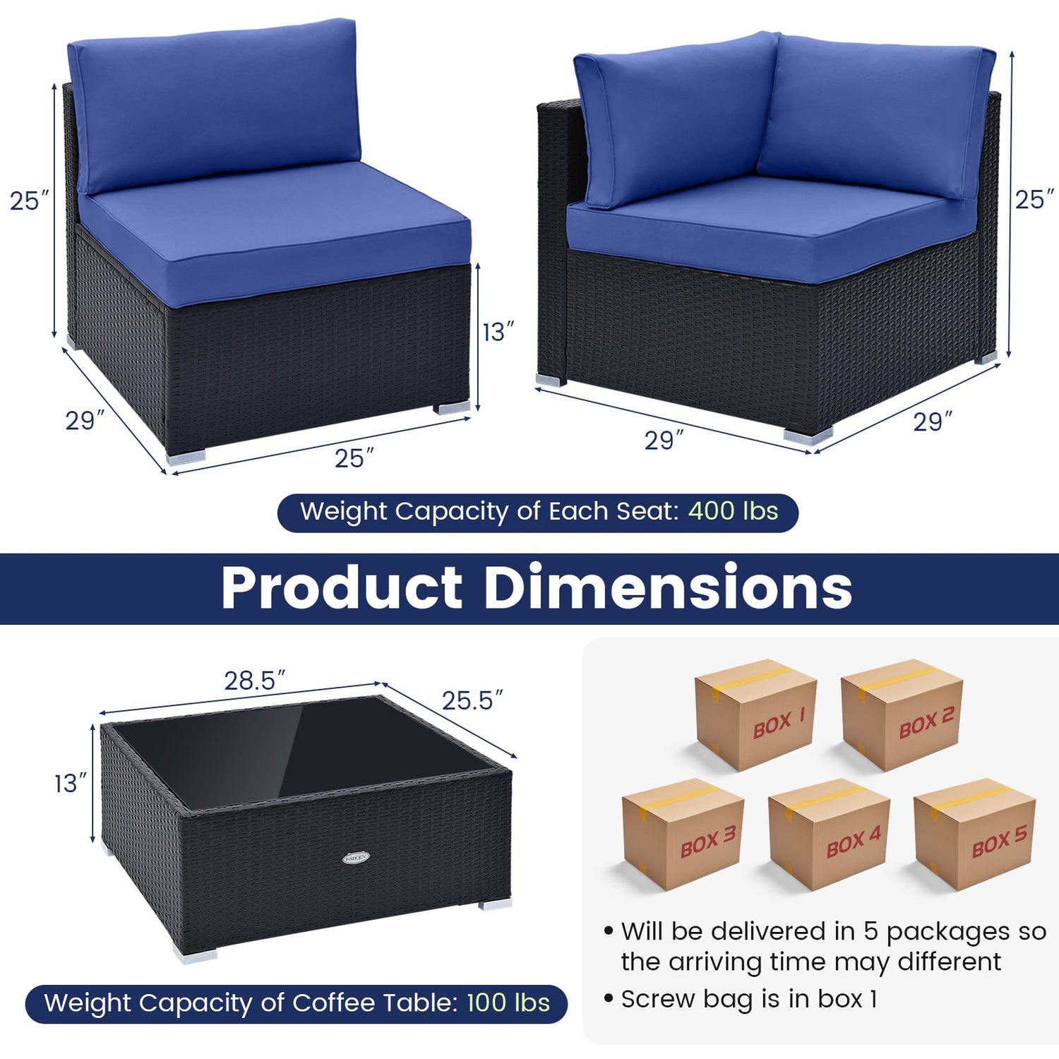 10 Piece Outdoor Wicker Conversation Set with Seat and Back Cushions-Navy by DirectDeals