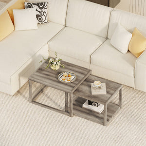 Nesting Coffee Table Set of 2 Stackable Rectangular End Tables-Gray