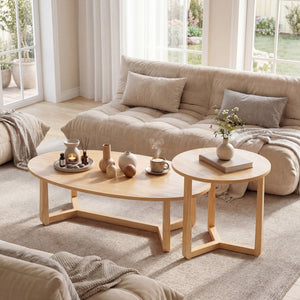 Nesting Coffee Table Set of 2 with Wood Veneered Top and Solid Rubber Wood Legs-Natural