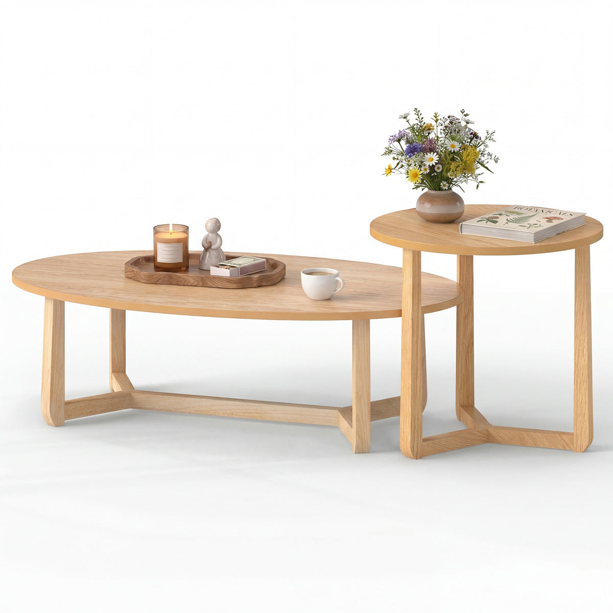 Nesting Coffee Table Set of 2 with Wood Veneered Top and Solid Rubber Wood Legs-Natural