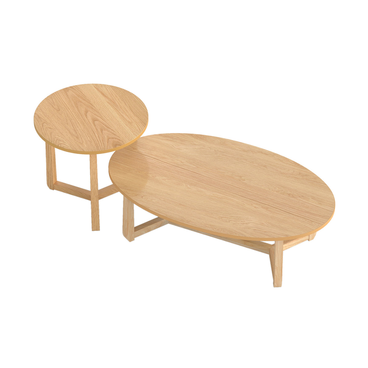 Nesting Coffee Table Set of 2 with Wood Veneered Top and Solid Rubber Wood Legs-Natural