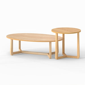 Nesting Coffee Table Set of 2 with Wood Veneered Top and Solid Rubber Wood Legs-Natural