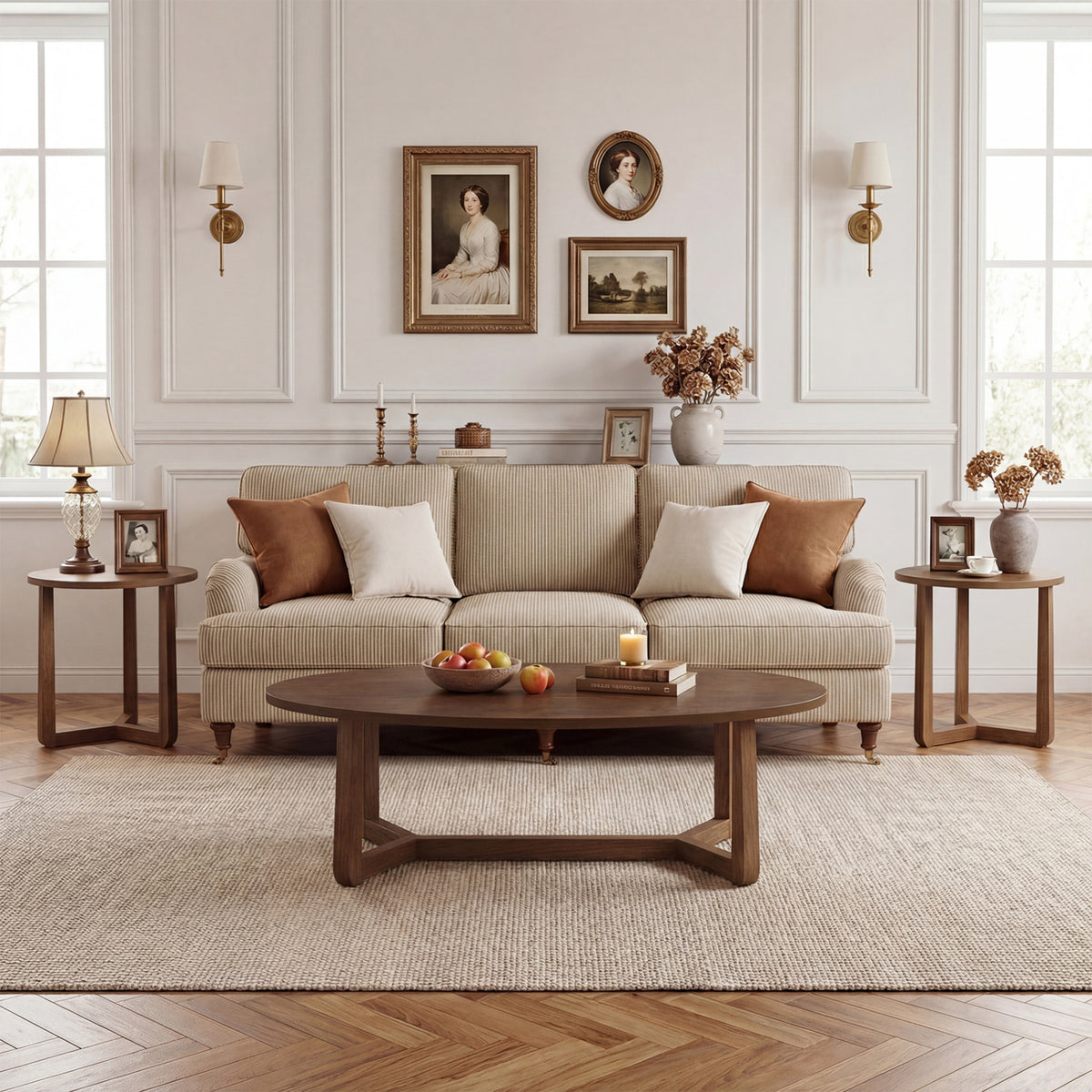 Nesting Coffee Table Set of 3 with Wood Veneered Top and Solid Rubber Wood Legs for Living Room-Walnut