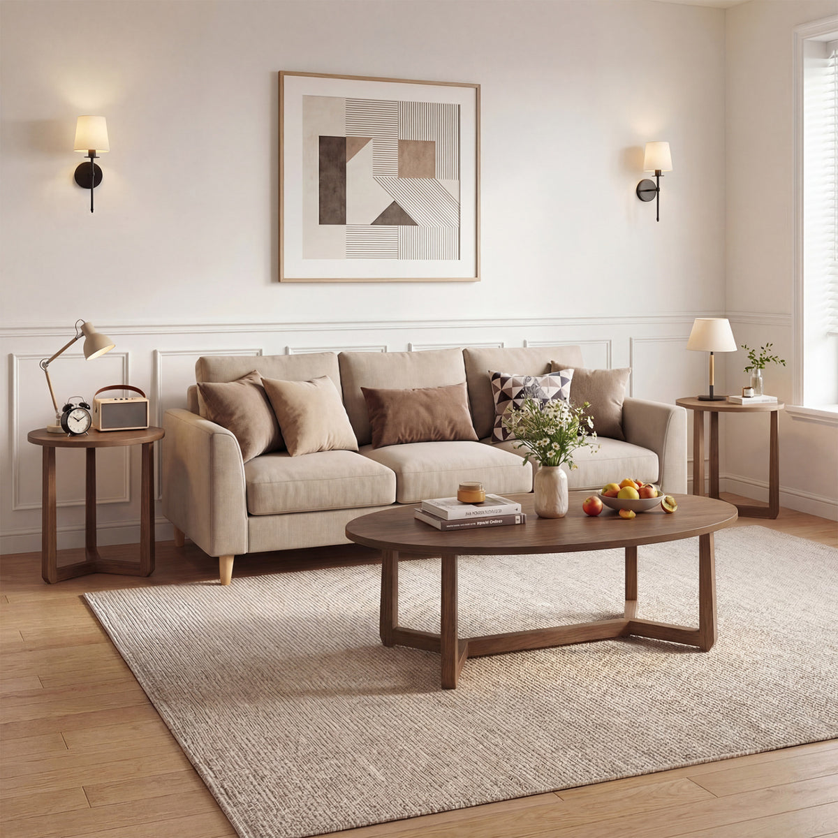Nesting Coffee Table Set of 3 with Wood Veneered Top and Solid Rubber Wood Legs for Living Room-Walnut