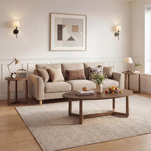 Nesting Coffee Table Set of 3 with Wood Veneered Top and Solid Rubber Wood Legs for Living Room-Walnut