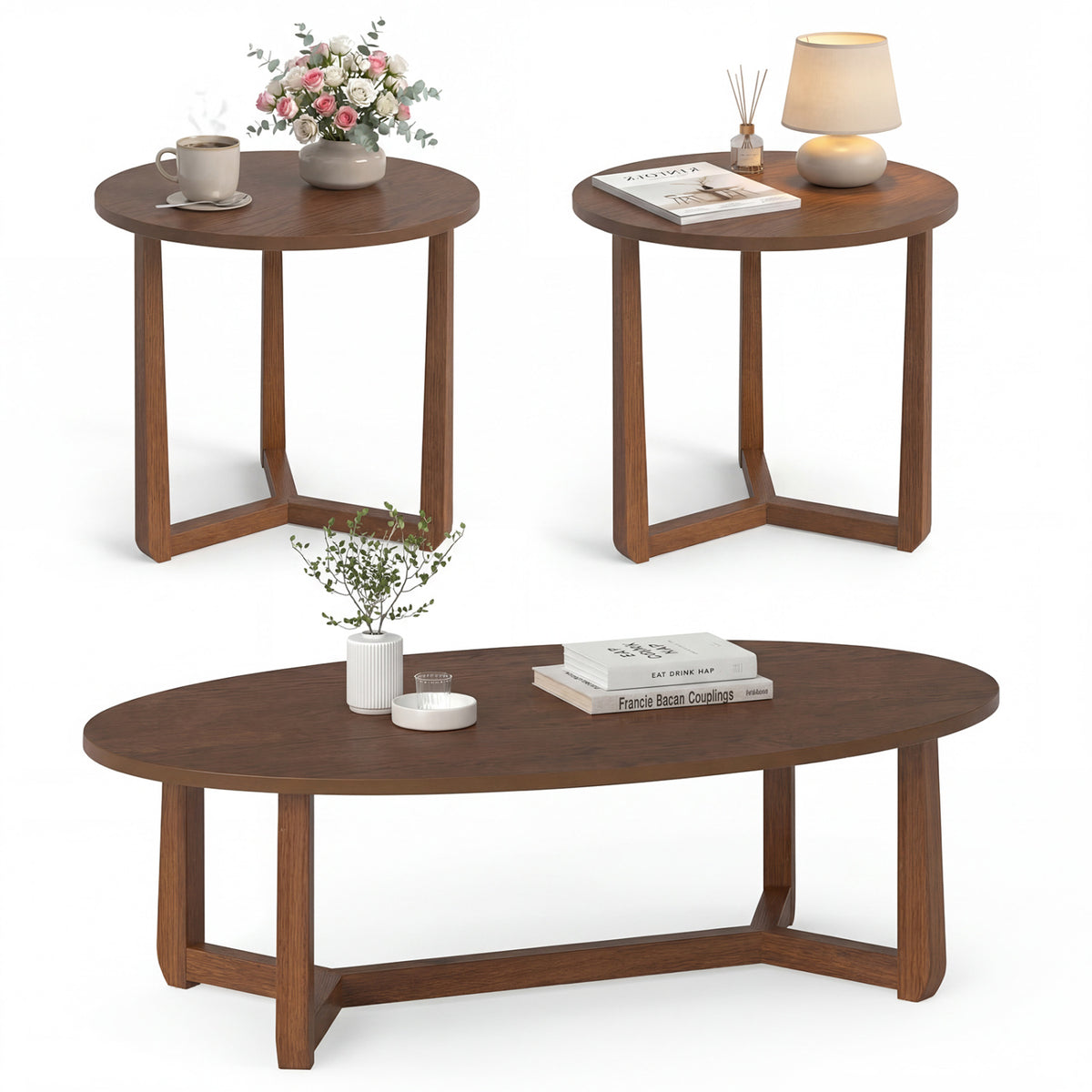 Nesting Coffee Table Set of 3 with Wood Veneered Top and Solid Rubber Wood Legs for Living Room-Walnut