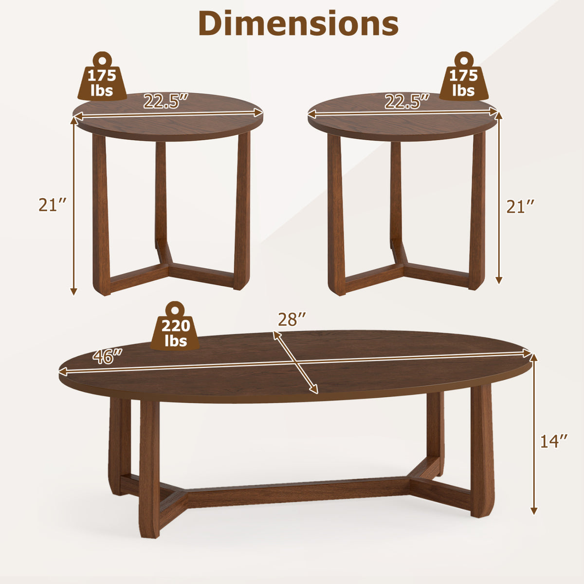 Nesting Coffee Table Set of 3 with Wood Veneered Top and Solid Rubber Wood Legs for Living Room-Walnut