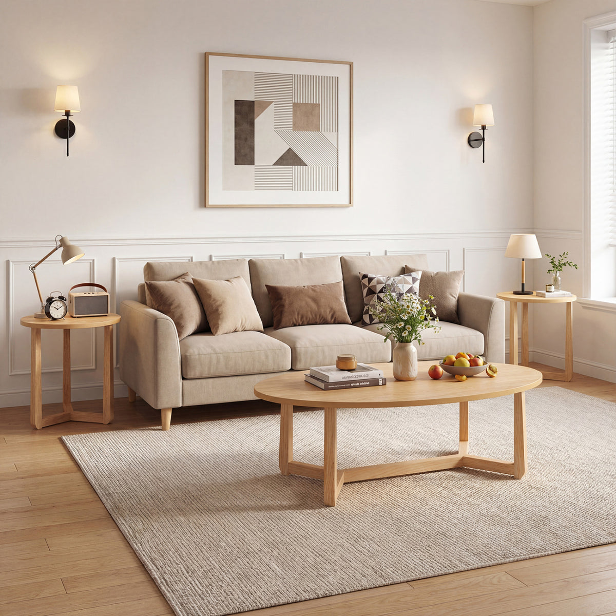Nesting Coffee Table Set of 3 with Wood Veneered Top and Solid Rubber Wood Legs for Living Room-Natural
