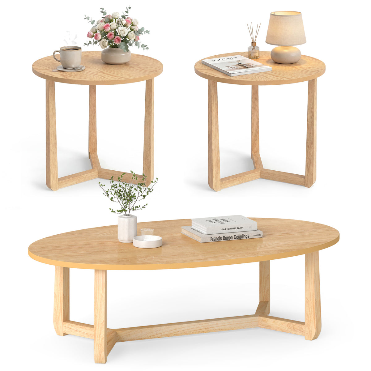 Nesting Coffee Table Set of 3 with Wood Veneered Top and Solid Rubber Wood Legs for Living Room-Natural
