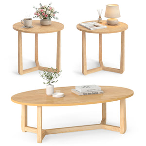 Nesting Coffee Table Set of 3 with Wood Veneered Top and Solid Rubber Wood Legs for Living Room-Natural