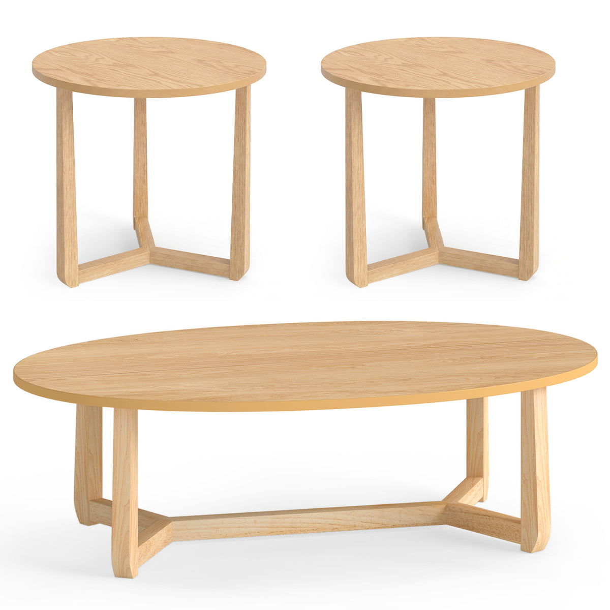 Nesting Coffee Table Set of 3 with Wood Veneered Top and Solid Rubber Wood Legs for Living Room-Natural
