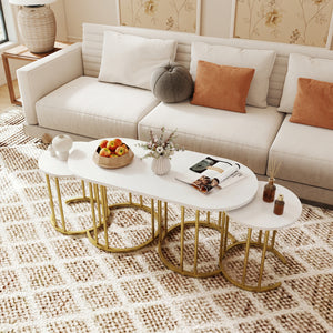 Nesting Coffee Table Set of 3 with Faux Marble Tabletop and Powder-coated Gold Metal Frame-White