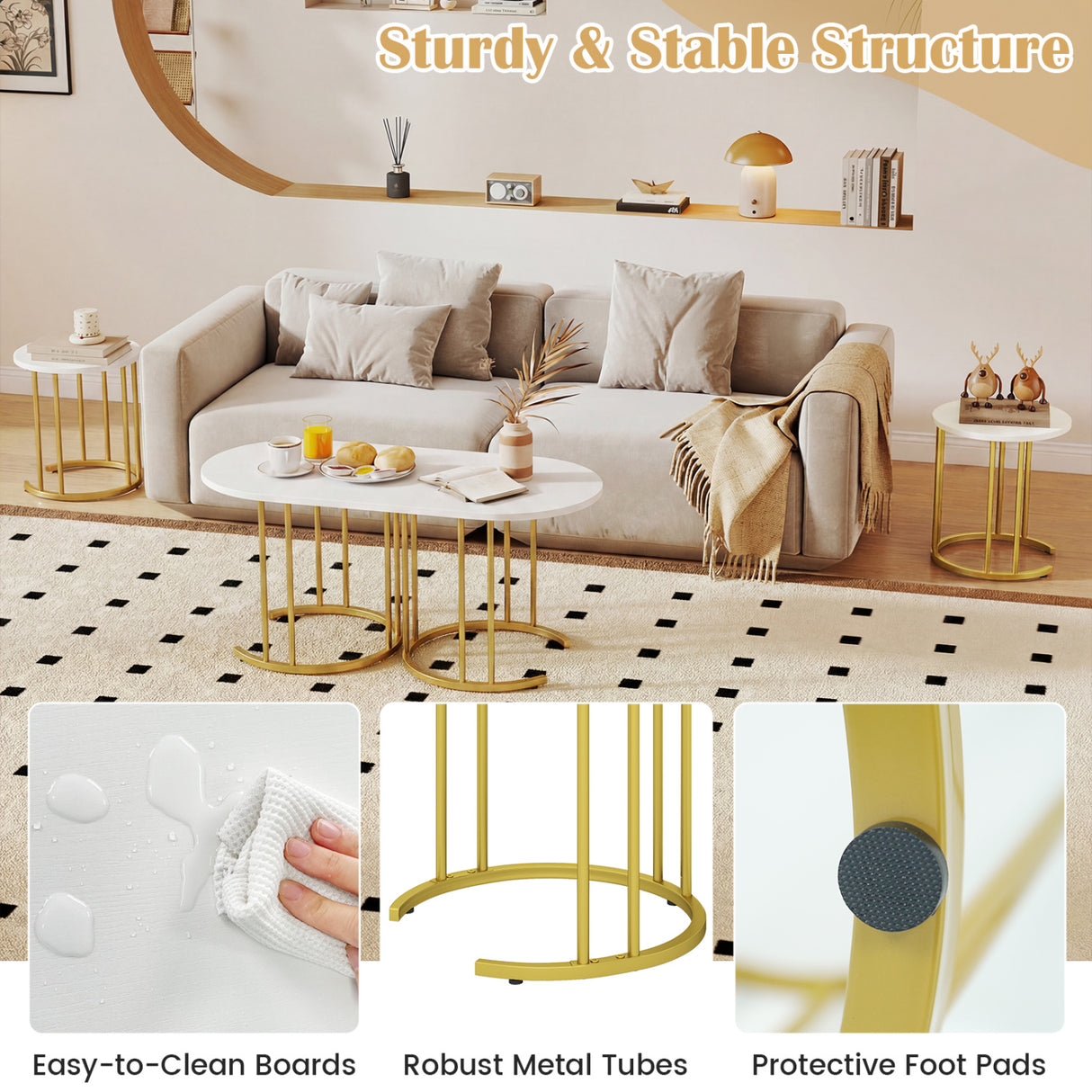 Nesting Coffee Table Set of 3 with Faux Marble Tabletop and Powder-coated Gold Metal Frame-White