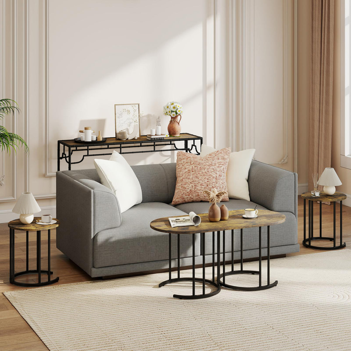Nesting Coffee Table Set of 3 with Faux Marble Tabletop and Powder-coated Gold Metal Frame-Rustic Brown