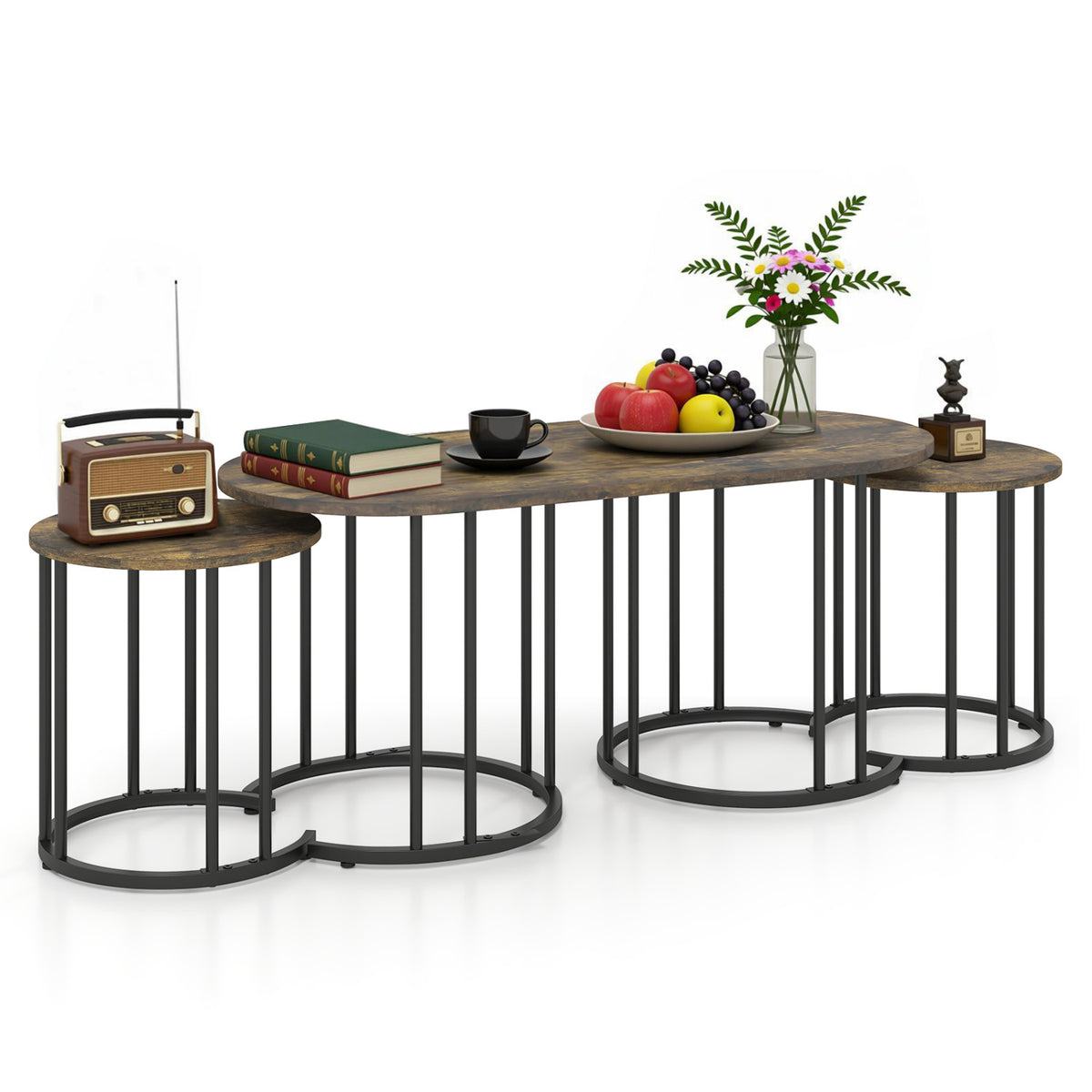 Nesting Coffee Table Set of 3 with Faux Marble Tabletop and Powder-coated Gold Metal Frame-Rustic Brown