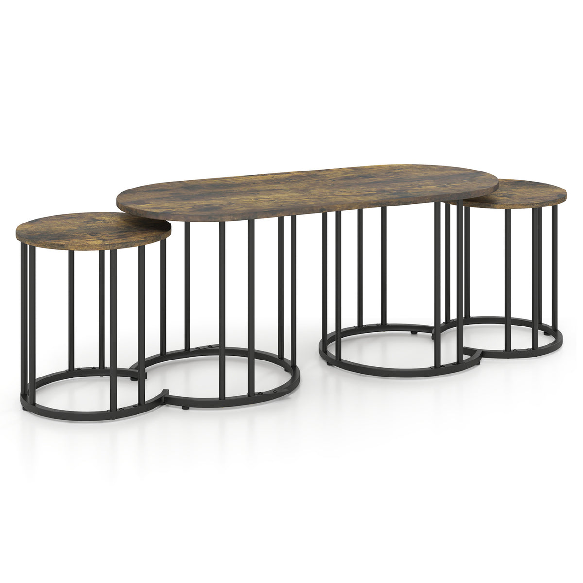 Nesting Coffee Table Set of 3 with Faux Marble Tabletop and Powder-coated Gold Metal Frame-Rustic Brown