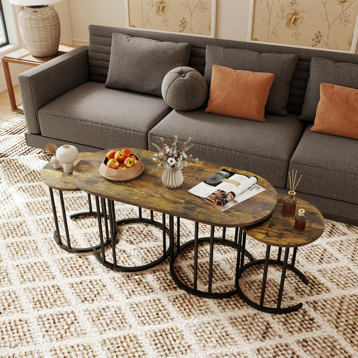 Nesting Coffee Table Set of 3 with Faux Marble Tabletop and Powder-coated Gold Metal Frame-Rustic Brown